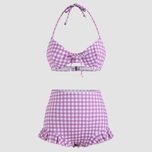 GINGHAM PRINT RUFFLE HALTER BIKINI SET